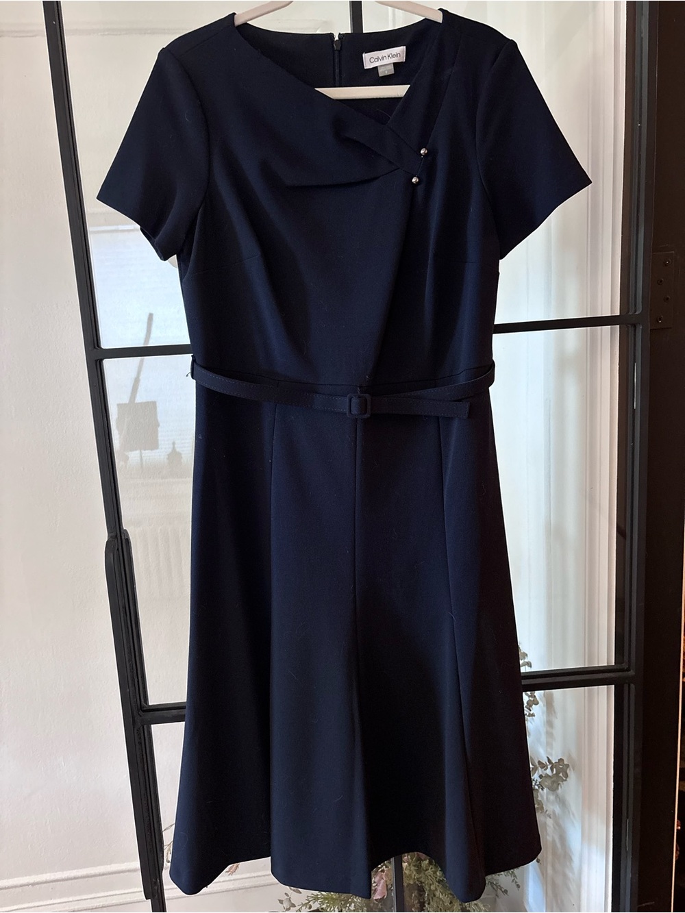 Classic Short-Sleeve Midi Navy Dress